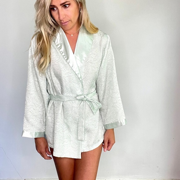 Vintage Oscar De La Renta Seafoam Mint Paisley Textured Robe Kimono sz L - Picture 2 of 12